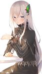  1girl absurdres bangs black_capelet black_dress blush breasts butterfly_hair_ornament capelet dress echidna_(re:zero) hair_ornament highres jun_(aousa0328) large_breasts long_hair long_sleeves looking_at_viewer re:zero_kara_hajimeru_isekai_seikatsu silver_hair sitting smile striped table vertical-striped_dress vertical_stripes violet_eyes white_eyelashes 