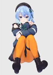  1girl beret blue_coat blue_eyes boots bow coat evanstan eyelashes full_body green_bow grey_background hand_on_own_cheek hand_on_own_face hat highres hololive hoshimachi_suisei knees_up lace-trimmed_sleeves lace_trim leather leather_boots long_hair looking_at_viewer off-shoulder_jacket orange_legwear pantyhose short_sleeves side_ponytail simple_background sitting solo star_(symbol) star_in_eye symbol_in_eye thigh_strap tsurime virtual_youtuber winter_clothes winter_coat 