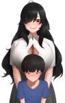  1boy 1girl age_difference black_eyes black_hair black_skirt blue_shirt breasts bursting_breasts button_gap hair_over_one_eye highres huge_breasts long_hair original pleated_skirt red_eyes senju_(snz0) shirt short_hair short_sleeves shota simple_background skirt undersized_clothes white_background white_shirt 