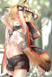  1girl absurdres animal_ears arknights armpits arms_up bangs black_shorts blonde_hair blurry blurry_background cape commentary_request cowboy_shot crop_top fang fox_ears fox_tail highres looking_at_viewer midriff navel open_mouth orange_eyes partial_commentary pottsness short_hair short_shorts shorts solo standing stomach strapless sweat tail thigh_strap thighs tubetop vermeil_(arknights) 