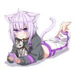  1girl :3 absurdres ahoge animal_ear_fluff animal_ears asanaya barefoot black_shirt cat cat_ears cat_tail cellphone clothing_cutout collar feet highres hololive legs_up lying midriff nekomata_okayu on_stomach panties pants panty_peek phone pink_panties purple_hair shirt short_hair simple_background smartphone smile tail tail_cutout temari_(nekomata_okayu) toes underwear violet_eyes virtual_youtuber white_background white_pants 