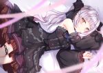  1girl alternate_costume alternate_hairstyle bed blush commentary detached_sleeves dress frilled_dress frills gothic_lolita happy_birthday highres hololive lolita_fashion looking_at_viewer murasaki_shion ribbon silver_hair solo twintails virtual_youtuber yellow_eyes yuano 