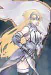  1girl bare_shoulders black_legwear blonde_hair blue_eyes breast_curtains breasts closed_mouth fate/apocrypha fate_(series) flag gauntlets headpiece highres holding holding_flag jeanne_d&#039;arc_(fate) jeanne_d&#039;arc_(fate)_(all) large_breasts long_hair looking_at_viewer sankomichi scar solo standing thigh-highs 