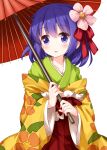  1girl bangs cowboy_shot eyebrows_visible_through_hair floral_print flower flower_on_head green_kimono hair_flower hair_ornament hieda_no_akyuu highres holding holding_umbrella japanese_clothes kimono long_sleeves looking_to_the_side open_mouth pink_flower purple_hair red_umbrella ruu_(tksymkw) short_hair simple_background solo standing touhou umbrella violet_eyes white_background wide_sleeves 