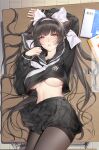  1girl animal_ears arm_up azur_lane bangs black_hair black_legwear black_sailor_collar black_serafuku black_shirt black_skirt blush book bow breasts commentary_request desk eyebrows_visible_through_hair from_above hair_bow hairband highres large_breasts long_hair long_sleeves looking_at_viewer looking_up lying miniskirt navel neckerchief no_bra on_back on_table pantyhose parted_lips pleated_skirt sailor_collar school_desk school_uniform serafuku shirt skirt smile solo table takao_(academy_romantica)_(azur_lane) takao_(azur_lane) thighband_pantyhose under_boob very_long_hair white_bow white_hairband white_neckwear yellow_eyes yi_dianxia 