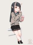  1girl bangs black_hair black_legwear black_neckwear black_skirt blush brown_eyes brown_sweater closed_mouth collared_shirt commentary_request cropped_legs crossed_legs eating eyebrows_visible_through_hair facial_mark food grey_background highres holding holding_food holding_spoon horns ice_cream kuro_kosyou long_hair long_sleeves necktie on_railing oni oni_horns original pleated_skirt railing shirt short_eyebrows sitting_on_railing skirt sleeves_past_wrists smile socks solo spoon sweater thick_eyebrows utensil_in_mouth very_long_hair white_shirt 