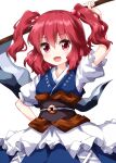  1girl arm_up bangs blue_dress brown_sash coin cowboy_shot dress eyebrows_visible_through_hair hair_between_eyes hair_bobbles hair_ornament hand_on_hip highres holding holding_scythe holding_weapon looking_at_viewer medium_hair obi onozuka_komachi open_mouth red_eyes redhead ruu_(tksymkw) sash scythe short_sleeves simple_background smile solo standing touhou twintails two_side_up weapon white_background 
