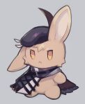  1girl ahoge animal animal_ears animalization arknights beret black_headwear blush brown_hair cloak closed_mouth commentary_request grey_background hair_between_eyes hat no_humans no_nose orange_eyes plume_(arknights) rabbit rabbit_ears sasa_onigiri serious simple_background solo 