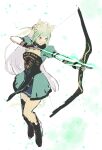  1girl ahoge aiming animal_ears arrow_(projectile) atalanta_(fate) blonde_hair boots bow_(weapon) braid breasts cat_ears closed_mouth fate/apocrypha fate_(series) french_braid full_body gradient_hair green_eyes green_hair green_skirt highres holding holding_arrow holding_bow_(weapon) holding_weapon long_hair medium_breasts multicolored_hair pelvic_curtain sankomichi showgirl_skirt sketch skirt solo weapon 