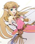  1girl bangs blonde_hair blue_eyes dress earrings forehead_jewel glowing gonzarez hand_on_own_chest headdress highres jewelry long_pointy_ears looking_at_viewer nintendo open_mouth parted_bangs pointy_ears princess_zelda solo the_legend_of_zelda the_legend_of_zelda:_a_link_between_worlds triforce white_background white_dress 