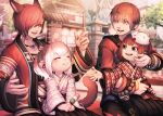  2boys 2girls absurdres animal_ears architecture bangs blurry blurry_background brown_eyes brown_hair cat_ears cat_tail closed_eyes earrings east_asian_architecture facial_mark final_fantasy final_fantasy_xiv g&#039;raha_tia hair_over_one_eye highres huge_filesize hyur japanese_clothes jewelry kimono lalafell mask mask_on_head mihira_(tainosugatayaki) multiple_boys multiple_girls outdoors pink_hair pleated_skirt pointy_ears redhead short_hair sitting sitting_on_lap sitting_on_person skirt slit_pupils smile tail 