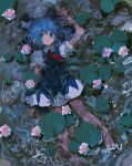  1girl barefoot blue_dress blue_eyes blue_hair cirno dress floating flower from_above highres juliet_sleeves light_blush lily_pad long_sleeves looking_at_viewer looking_up open_hands puffy_sleeves reddizen touhou underwater water 