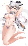  1girl absurdres arknights armpits arms_behind_head arms_up artist_name bangs bikini black_bikini breasts clothes_in_mouth coat full_body gradient_hair grey_hair highres large_breasts long_hair looking_at_viewer micro_bikini mouth_hold multicolored_hair navel open_clothes open_coat orange_eyes owl_ears pointy_hair ptilopsis_(arknights) signature simple_background sleeveless_coat solo swimsuit usagi_poi white_background 