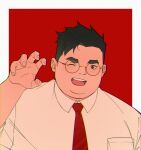  1boy black_hair claw_pose collared_shirt face fat formal glasses highres looking_at_viewer lovesheng1314 male_focus necktie one_eye_closed original plump portrait realistic round_eyewear shirt short_hair simple_background solo thick_eyebrows undercut upper_body white_shirt 