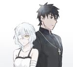  1boy 1girl bandage_over_one_eye bandaged_arm bandages bare_shoulders black_eyes black_hair claudia_hortensia commentary_request cross cross_necklace fate/stay_night fate_(series) highres jewelry kotomine_kirei necklace simple_background upper_body white_background white_hair y_udumi yellow_eyes younger 