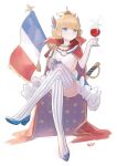  1girl azur_lane blonde_hair blue_eyes blue_footwear cape closed_mouth crossed_legs cup drinking_glass elbow_gloves flag french_flag glass glint gloves hair_ornament high_heels highres holding holding_cup invisible_chair le_triomphant_(azur_lane) looking_at_viewer mismatched_gloves pumpkinspicelatte purple_cape red_cape signature simple_background sitting smile solo striped striped_legwear thigh-highs two-sided_cape two-sided_fabric vertical-striped_legwear vertical_stripes white_background white_gloves 