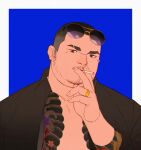  1boy black_eyes black_hair buzz_cut casual cigarette eyewear_on_head face facial_hair fat highres jewelry looking_at_viewer lovesheng1314 male_focus open_clothes open_shirt original plump portrait realistic ring short_hair smoking solo stubble thick_eyebrows upper_body very_short_hair 