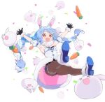  1girl animal animal_ear_fluff animal_ears armpits arms_up bangs bare_shoulders black_gloves black_leotard blue_hair bow braid breasts brown_eyes brown_legwear bunny-shaped_pupils carrot carrot_hair_ornament commentary_request confetti detached_sleeves don-chan_(usada_pekora) dress eyebrows_visible_through_hair food_themed_hair_ornament full_body fur-trimmed_dress fur-trimmed_gloves fur_trim gloves hair_bow hair_ornament highres hololive leotard long_hair machico multicolored_hair pantyhose puffy_short_sleeves puffy_sleeves rabbit rabbit_ears shoe_soles short_eyebrows short_sleeves simple_background small_breasts strapless strapless_dress strapless_leotard thick_eyebrows twin_braids twintails two-tone_hair usada_pekora very_long_hair virtual_youtuber white_background white_bow white_dress white_footwear white_hair white_sleeves 