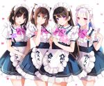  4girls :d absurdres alternate_costume animal_ear_fluff animal_ears apron bangs black_hair black_skirt blue_eyes blue_hair blush bow breasts brown_hair cat_ears center_frills closed_mouth collared_shirt commentary_request enmaided eyebrows_visible_through_hair fish_hair_ornament frilled_apron frilled_shirt_collar frilled_skirt frills fumino_tamaki goroo_(eneosu) green_eyes hair_between_eyes hair_ornament hairclip heart heart_background highres lize_helesta long_hair looking_at_viewer maid maid_headdress multicolored_hair multiple_girls nijisanji open_mouth pink_bow puffy_short_sleeves puffy_sleeves shirt short_sleeves simple_background skirt small_breasts smile standing suspender_skirt suspenders suzuka_utako tsukino_mito two-tone_hair very_long_hair violet_eyes virtual_youtuber white_apron white_background white_hair white_shirt 