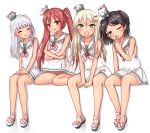  4girls ;o bangs bare_arms bare_legs bare_shoulders black_hair blunt_bangs blush bow covering_mouth dress dress_lift eyebrows_visible_through_hair grecale_(kantai_collection) green_eyes hair_bow hair_ornament hair_ribbon hairclip highres kantai_collection libeccio_(kantai_collection) lifted_by_self long_hair looking_at_viewer maestrale_(kantai_collection) mole mole_under_eye multiple_girls neckerchief one_eye_closed open_mouth panties pink_bow pink_ribbon red_eyes redhead ribbon sailor_dress scirocco_(kantai_collection) short_hair silver_hair simple_background sitting sleeveless sleeveless_dress striped striped_footwear striped_neckwear striped_panties tears tiemu_(man190) twintails two_side_up underwear v-shaped_eyebrows wariza white_background white_dress white_headwear yawning yellow_eyes 