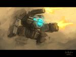  arm_cannon bottoms1237 firing glowing highres mecha no_hands no_humans original sand science_fiction solo standing turret weapon 