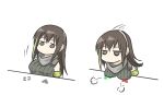  1girl =3 armband bangs breasts brown_eyes brown_hair fuku_(fuku12290574) girls_frontline green_hair headphones highres like_and_retweet long_hair m4a1_(girls_frontline) motion_lines multicolored_hair no_mouth scarf simple_background streaked_hair white_background 