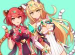  2girls animal_ears aqua_background bangs bare_shoulders black_gloves blonde_hair breasts chest_jewel cleavage_cutout clothing_cutout cowboy_shot dress dutch_angle earrings elbow_gloves enni eyebrows_visible_through_hair fingerless_gloves gloves jewelry large_breasts long_hair looking_at_viewer multiple_girls mythra_(xenoblade) pyra_(xenoblade) red_eyes redhead short_dress short_hair smile swept_bangs tail tiara tiger_ears tiger_tail very_long_hair white_dress white_gloves xenoblade_chronicles_(series) xenoblade_chronicles_2 yellow_eyes 