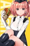  1girl atlanta_(kantai_collection) black_headwear black_skirt brown_hair buttons closed_mouth collared_shirt earrings eyebrows_visible_through_hair food garrison_cap gloves grey_eyes hamburger hat high-waist_skirt highres holding holding_food jewelry kantai_collection katsuobushi_(eba_games) long_hair long_sleeves multicolored multicolored_clothes multicolored_gloves partially_fingerless_gloves shirt skirt solo star_(symbol) star_earrings suspender_skirt suspenders twintails white_shirt 