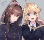  2girls blonde_hair blue_eyes breasts brown_eyes brown_hair gloves hair_between_eyes hand_in_pocket himeyamato iowa_(kantai_collection) kantai_collection long_hair looking_at_viewer military military_uniform multiple_girls open_mouth ponytail uniform very_long_hair white_gloves yamato_(kantai_collection) 