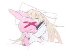  134yubi 1girl blonde_hair character_request closed_eyes copyright_request doll_hug knife long_hair lying on_side pillow sleeping solo virtual_youtuber 