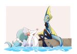  absurdres arm_support closed_eyes closed_mouth commentary_request fang gen_7_pokemon gen_8_pokemon hand_up highres inteleon kisa_(kisa-kisa5900) looking_at_another open_mouth partially_submerged pokemon pokemon_(creature) primarina sitting smile water yellow_eyes 