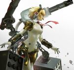  1girl aegis_(persona) android bangs blonde_hair blue_eyes breasts chain_gun english_commentary floating_hair gradient gradient_background hairband highres looking_ahead mecha_musume medium_breasts missile_pod open_hands persona persona_3 qosic robot solo 