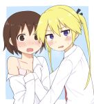  2girls @_@ bangs black_ribbon blonde_hair blue_background border bra brown_eyes brown_hair caught collarbone collared_shirt commentary_request disconnected_mouth embarrassed eyebrows_visible_through_hair hair_between_eyes hair_ribbon hands_up highres kill_me_baby long_hair long_sleeves looking_at_viewer mohya multiple_girls necktie open_clothes open_mouth open_shirt oribe_yasuna outside_border pink_bra red_neckwear ribbon school_uniform shirt short_hair sonya_(kill_me_baby) sweat twintails underwear upper_body violet_eyes wavy_mouth white_border white_shirt 