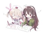  134yubi 2girls bandages bangs blonde_hair brown_hair character_request chin_rest closed_eyes copyright_request drawing green_shirt long_hair long_sleeves multiple_girls note open_mouth red_eyes shirt short_sleeves simple_background smile virtual_youtuber white_background 