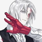  1boy allen_walker black_nails closed_mouth colored_skin d.gray-man eyebrows_visible_through_hair facial_mark fingernails grey_background grey_eyes grey_hair heterochromia male_focus red_eyes red_skin signature simple_background smile solo upper_body wozue 
