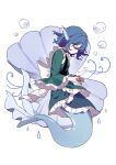  1girl absurdres back_bow blue_hair bow bubble closed_eyes crying frilled_kimono frills from_side full_body gla green_kimono head_fins highres japanese_clothes kimono mermaid monster_girl profile shell short_hair solo tears touhou wakasagihime wide_sleeves 