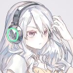  1girl bangs blush dress_shirt face hand_up headphones original parted_lips portrait shirt short_sleeves simple_background vest violet_eyes white_hair white_shirt yagi2013 yellow_vest 