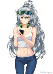  1girl bangs breasts closed_mouth eyewear_on_head girls_frontline grey_hair hair_between_eyes highres holding holding_phone long_hair looking_at_viewer navel phone ruby_suguri sunglasses yellow_eyes 