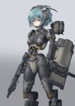  1girl 979002978 android arms_at_sides blue_hair combat_knife commentary_request eyebrows_visible_through_hair grey_background gun highres holding holding_gun holding_weapon joints knife mechanical_parts missile_pod orange_eyes original robot_joints science_fiction shield short_hair simple_background solo standing weapon 