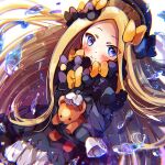  1girl abigail_williams_(fate/grand_order) bangs black_bow black_dress black_headwear blonde_hair blue_eyes blush bow breasts closed_mouth dress fate/grand_order fate_(series) forehead hair_bow hat kotohogi_funyanya~ long_hair long_sleeves looking_at_viewer multiple_bows orange_bow parted_bangs ribbed_dress sleeves_past_fingers sleeves_past_wrists small_breasts smile stuffed_animal stuffed_toy teddy_bear water white_bloomers 