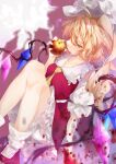  absurdres ahoge apple ascot blonde_hair blurry blurry_background blurry_foreground breasts calpis118 collarbone crystal feet_out_of_frame flandre_scarlet food frilled_shirt_collar frilled_skirt frills from_side fruit hat highres holding holding_food holding_fruit mary_janes medium_hair mob_cap puffy_short_sleeves puffy_sleeves rainbow_order red_footwear red_skirt red_vest shadow shirt shoes short_sleeves side_ponytail skirt skirt_set small_breasts socks touhou vest white_background white_headwear white_legwear white_shirt wings yellow_ascot 