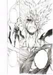  1boy absurdres blood blood_on_face bodysuit garou_(one-punch_man) greyscale grin gyorogyoro highres mismatched_sclera monochrome murata_yuusuke numbered official_art one-punch_man scan scar scar_on_face smile torn_bodysuit torn_clothes traditional_media 