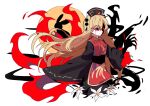  1girl blonde_hair blood chinese_clothes claws closed_mouth flower gla glowing glowing_eyes hat highres junko_(touhou) lily_(flower) long_hair long_sleeves moon multiple_tails pom_pom_(clothes) rabbit red_eyes silhouette solo split_theme tabard tail tears touhou very_long_hair white_flower wide_sleeves 