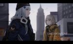  2girls agent_416_(girls_frontline) agent_vector_(girls_frontline) bangs black_headwear blue_hair blue_jacket city closed_mouth copyright_name english_text eyebrows_visible_through_hair gas_mask girls_frontline green_eyes grey_hair hat highres hk416_(girls_frontline) jacket long_hair looking_away medium_hair multiple_girls selcky silver_hair uniform vector_(girls_frontline) yellow_eyes yellow_jacket 