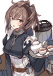  1girl :o alternate_costume apron azur_lane bangs breasts brown_hair chain cosplay cup enmaided eyebrows_visible_through_hair frilled_apron frills hair_between_eyes highres holding holding_tray kantai_collection long_sleeves maid medium_breasts mizuki_eiru_(akagi_kurage) open_mouth ponytail rigging sheffield_(azur_lane) sheffield_(azur_lane)_(cosplay) sheffield_(kantai_collection) simple_background solo sweat teapot tray white_apron white_background 