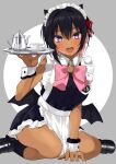  1girl apron bangs black_dress black_wings blush bow dark_skin dark-skinned_female dress gomashi_(goma) hair_between_eyes highres looking_at_viewer low_wings maid open_mouth original pink_bow pink_neckwear short_hair simple_background sitting solo tray two-tone_background violet_eyes waist_apron wariza white_apron wings 