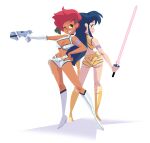  2girls back-to-back blue_hair boots breasts brown_eyes cleavage_cutout clothing_cutout dirty_pair energy_sword english_commentary gun highres holding holding_gun holding_sword holding_weapon kei_(dirty_pair) looking_at_viewer looking_back medium_breasts multiple_girls navel nick_swift one_eye_closed parted_lips redhead short_hair smile sword weapon white_footwear wide_hips yellow_footwear yuri_(dirty_pair) 