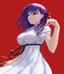  1girl absurdres bare_arms breasts commentary dress egk513 fate/stay_night fate_(series) hair_ribbon hand_up highres large_breasts looking_away matou_sakura medium_hair parted_lips puffy_short_sleeves puffy_sleeves purple_hair red_background red_ribbon ribbon short_sleeves simple_background solo violet_eyes white_dress 