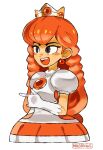  1girl bangs breasts cropped_legs crown dress earrings english_commentary eyebrows_behind_hair freckles gem grey_eyes hair_behind_ear highres jewelry mag_(magdraws) super_mario_bros. medium_breasts open_mouth orange_dress orange_hair princess_peach smile solo super_mario_bros. white_background white_dress 