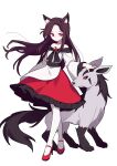  1girl absurdres animal_ear_fluff animal_ears brooch brown_hair closed_mouth dress expressionless floating_hair frilled_dress frilled_sleeves frills full_body gen_3_pokemon gla hand_on_another&#039;s_head high_heels highres imaizumi_kagerou jewelry long_hair long_sleeves mightyena off-shoulder_dress off_shoulder pantyhose pokemon pokemon_(creature) red_eyes red_footwear simple_background touhou white_background white_dress white_legwear wide_sleeves wolf_ears 